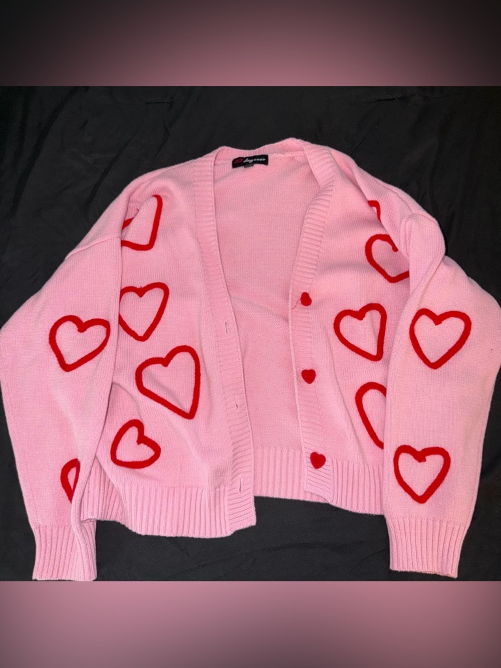 Pink Heart-Print Cardigan Sweater
